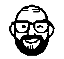 1-bit bitmap portrait of Chris McConnell: bald, glasses, full beard, smiling